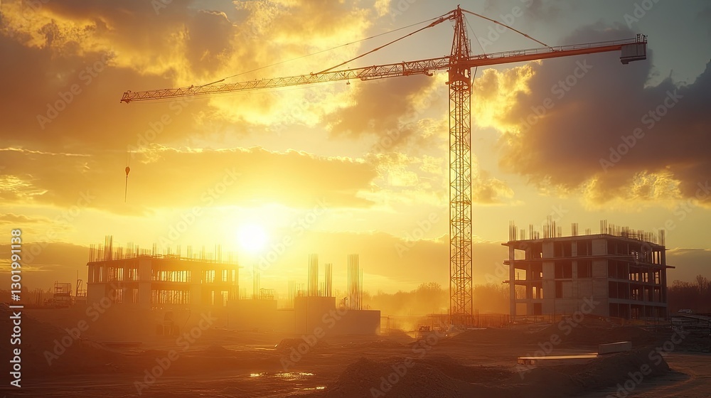 Fototapeta premium Golden sunlight illuminating a construction site, with a towering crane in the distance.