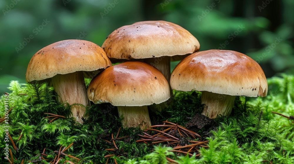 Group of Boletus mushrooms growing among thick green moss, with pine needles scattered around. Group of Boletus mushrooms growing among thick green moss, with pine needles scattered around.