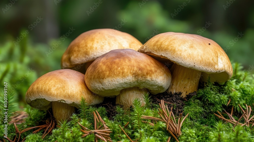 Group of Boletus mushrooms growing among thick green moss, with pine needles scattered around. Group of Boletus mushrooms growing among thick green moss, with pine needles scattered around.