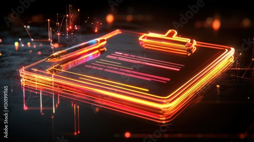 Neon Clipboard with Pen and Abstract Light Design