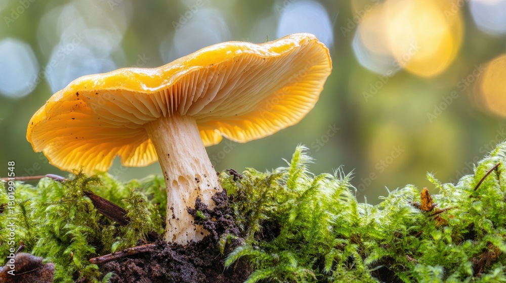 Macro shot of a fresh chanterelle mushroom, capturing its detailed cap and textured forest surroundings. Macro shot of a fresh chanterelle mushroom, capturing its detailed cap and textured forest surroundings.