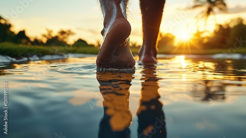 Bare Foot Steps into Still Water at Sunset with Rich Reflection