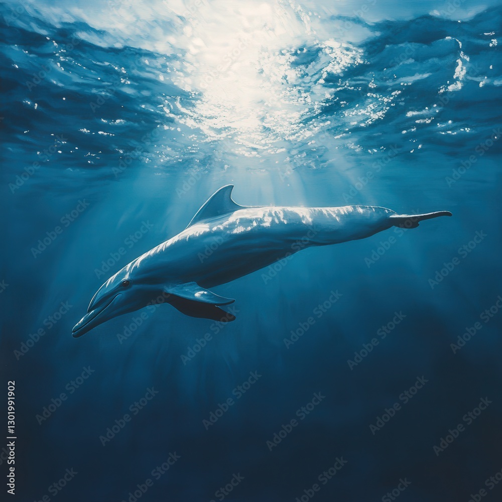 Fototapeta premium A majestic blue whale glides through shimmering sapphire waters, its lighter hue gracefully contrasting against the deep azure sea as it arcs to the right, embodying oceanic grandeur