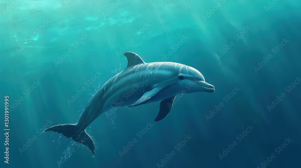 A graceful dolphin leaps through vibrant azure waters, turning gracefully to the right with an elegant tilt. Light blues ripple around it in harmony A graceful dolphin leaps through vibrant azure waters, turning gracefully to the right with an elegant tilt. Light blues ripple around it in harmony