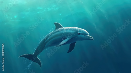 A graceful dolphin leaps through vibrant azure waters, turning gracefully to the right with an elegant tilt. Light blues ripple around it in harmony