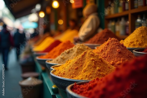 Vibrant spices displayed in a bustling market, spices, colorful