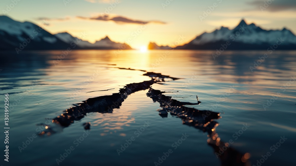 Fototapeta premium Cracked Piece of Earth Sinking into Calm Water at Sunset