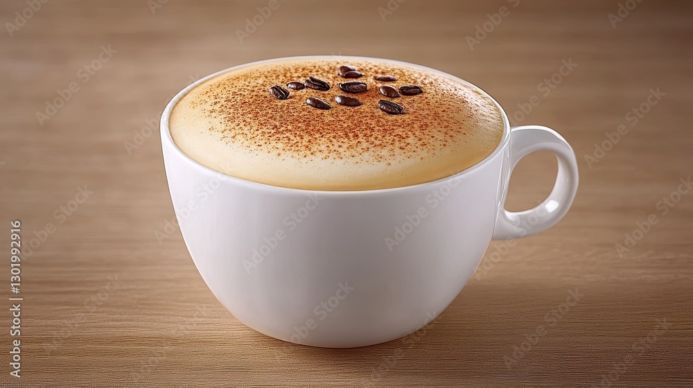 Creamy Cappuccino in White Cup on Wood Table Creamy Cappuccino in White Cup on Wood Table
