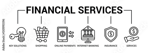 Financial services banner icon with key solutions, shopping, online payments, internet banking, insurance, services