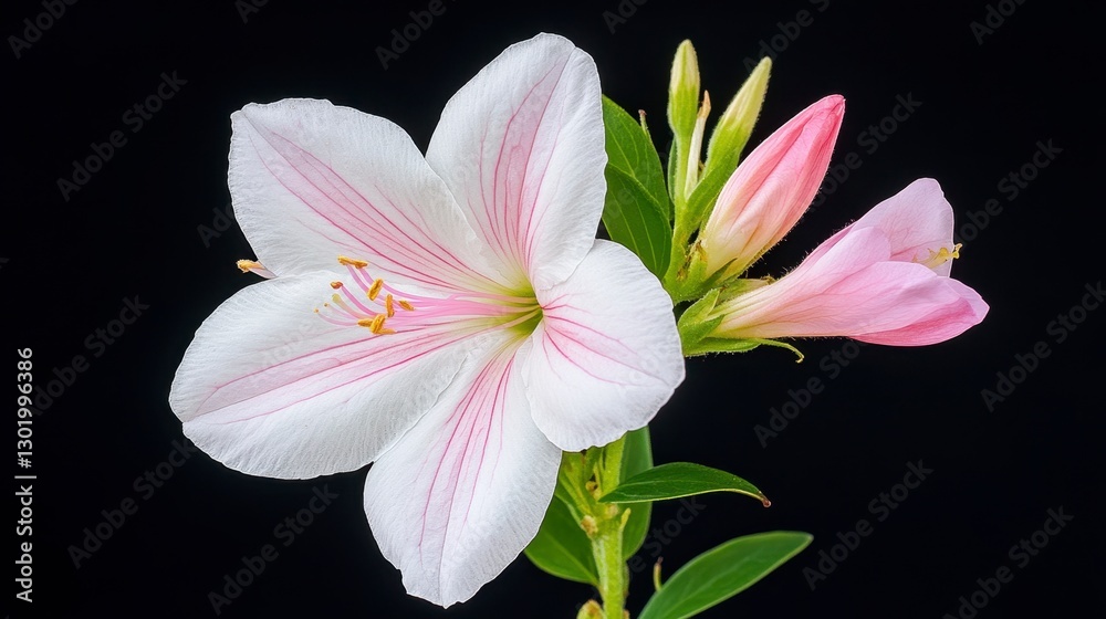 Fototapeta premium Delicate White and Pink Flower with Dew Drops on Black Background