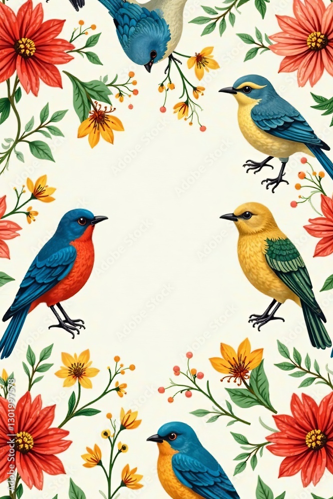 Whimsical seamless pattern of colorful birds and blooming flowers, garden, nature Whimsical seamless pattern of colorful birds and blooming flowers, garden, nature