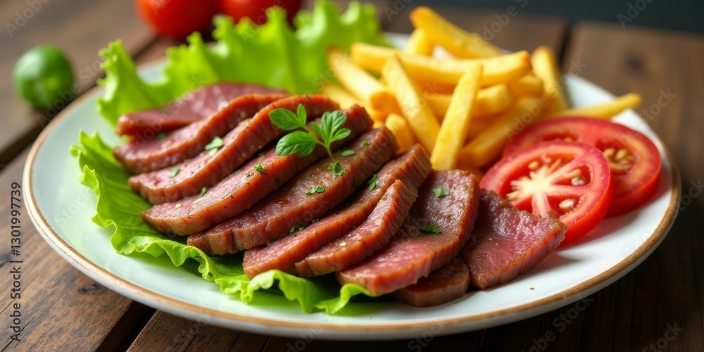 Sliced grilled beef steak served with crispy golden french fries and fresh lettuce garnish on a plate Sliced grilled beef steak served with crispy golden french fries and fresh lettuce garnish on a plate