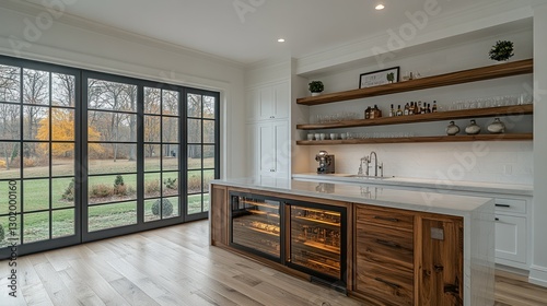Modern open-concept bar with backyard view