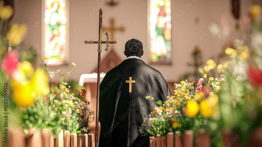 Obraz premium Priest in Church Religious Ceremony Faith Cross Flowers Devotion Spiritual Easter