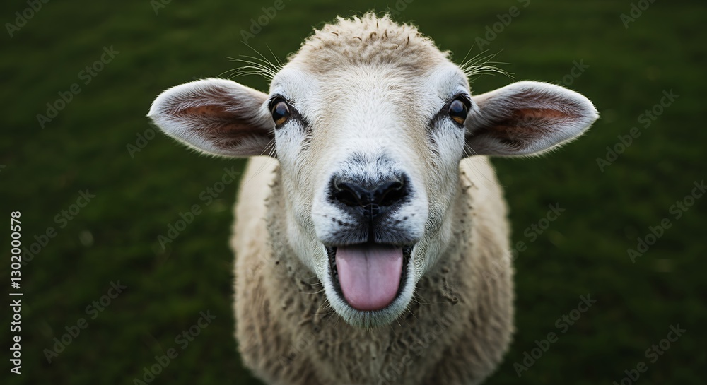 Obraz premium A Playful Sheep in a Green Pasture: A Close-Up Portrait of a Happy Farm Animal Sticking Out its Tongue