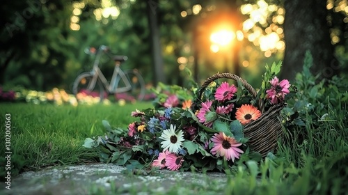 Wallpaper Mural Idyllic Summer Garden  Flower Basket  Bicycle  Tranquility Torontodigital.ca
