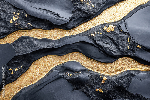 Abstract design featuring black and gold textures creating a flowing river-like pattern
