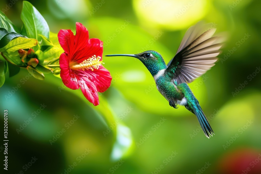 Naklejka premium Hummingbird feeding on a red hibiscus flower.