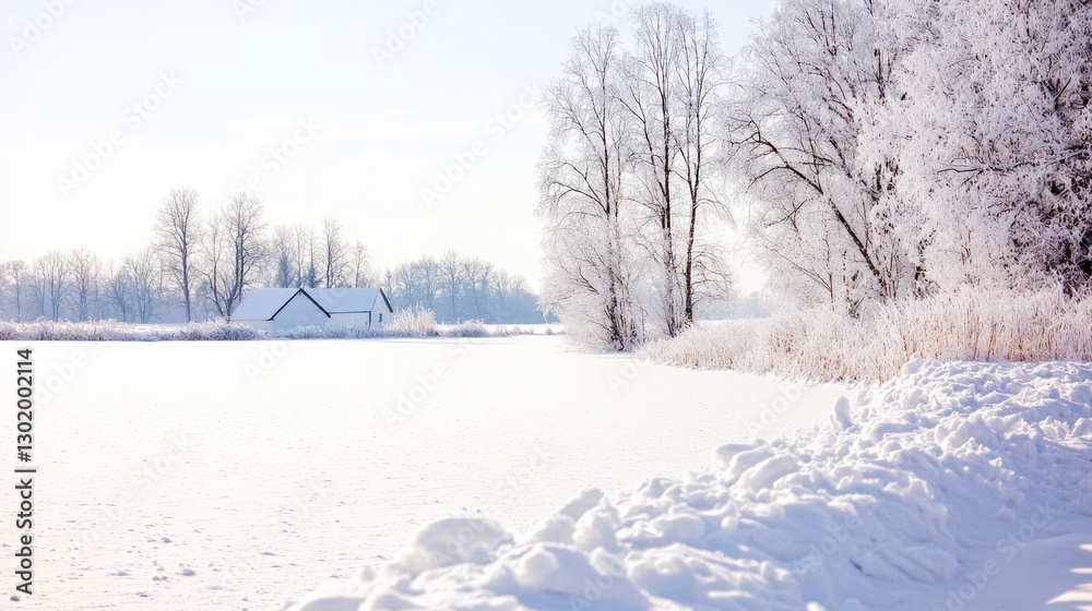 Serene Winter Wonderland Snowy Field Frosty Trees White House Serene Winter Wonderland Snowy Field Frosty Trees White House