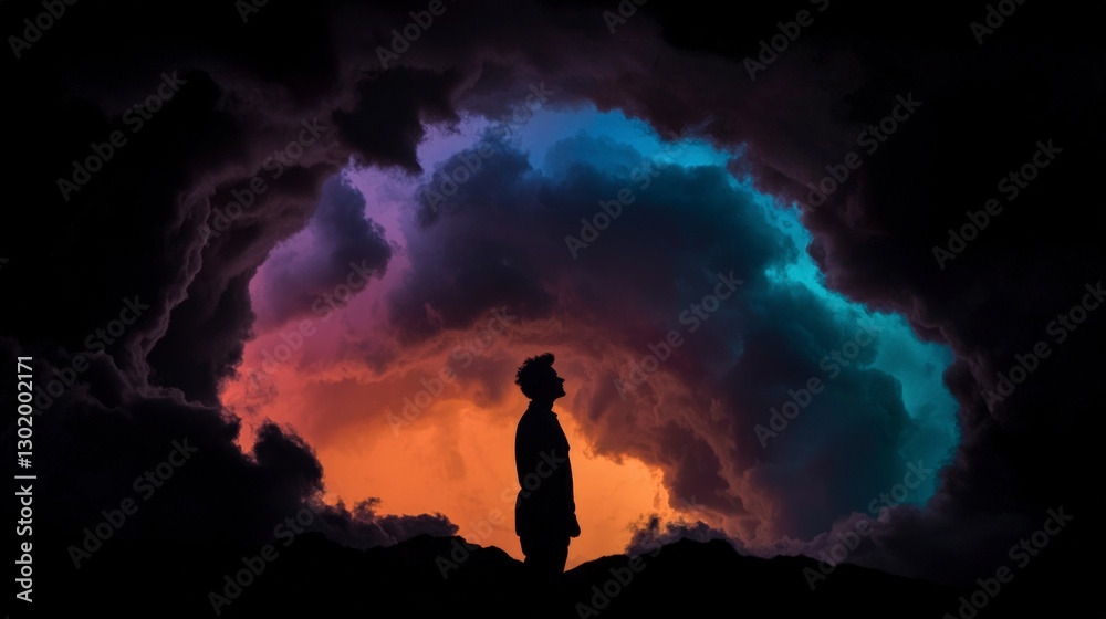 Silhouette Man Hopeful Sunrise Dramatic Cloudscape Silhouette Man Hopeful Sunrise Dramatic Cloudscape