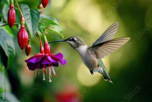 Hummingbird feeding on fuchsia flower.