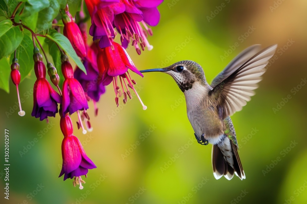 Fototapeta premium Hummingbird feeding on fuchsia flowers in flight.