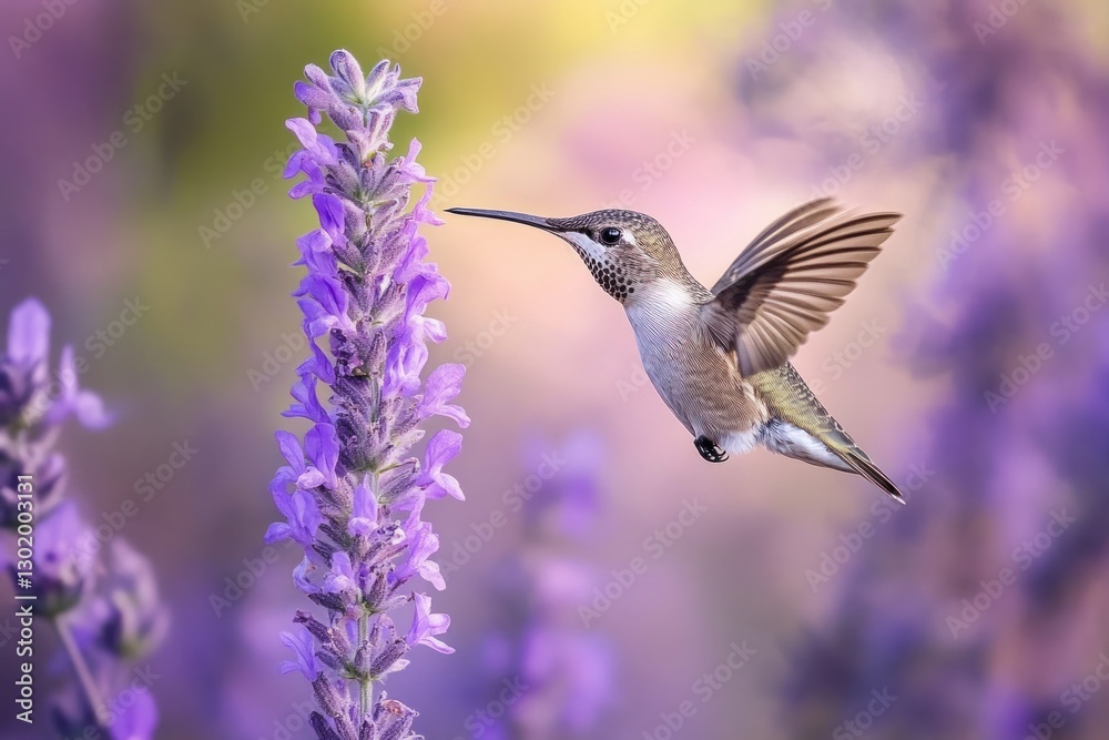 Obraz premium Hummingbird feeding on lavender flowers.