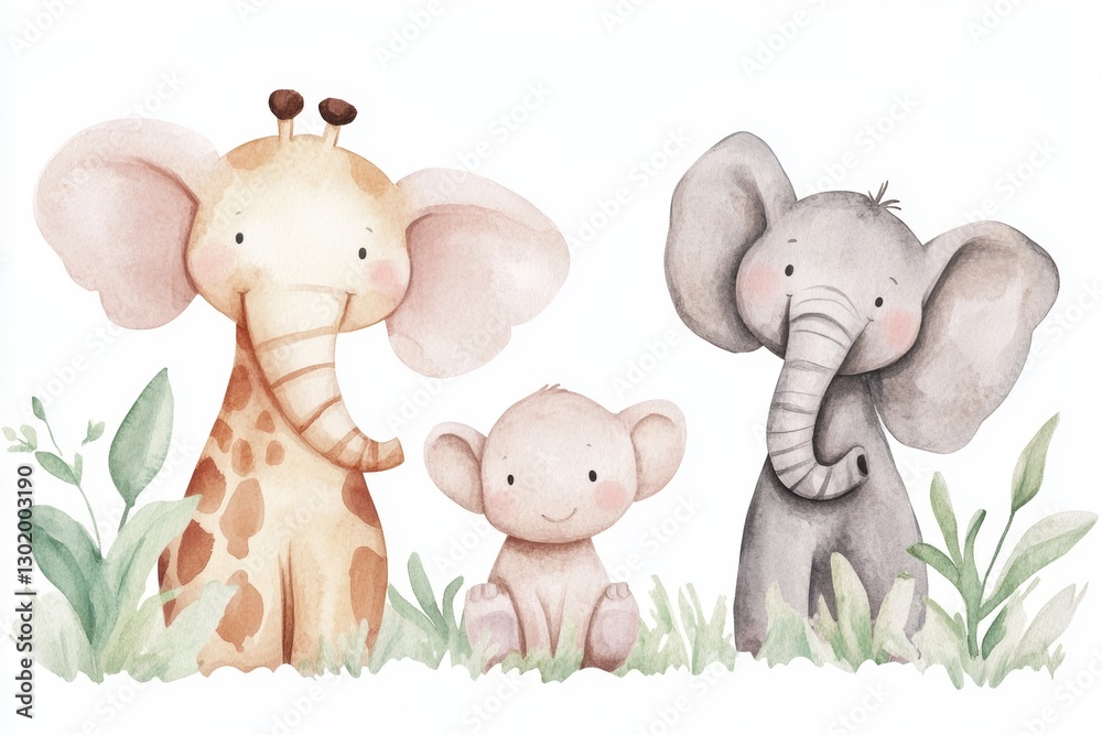 Naklejka premium Adorable Watercolor Safari Animals: Elephant, Giraffe, and Baby Elephant in a Lush Green Setting