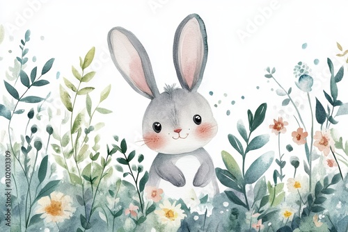 Adorable Watercolor Bunny in a Floral Garden
