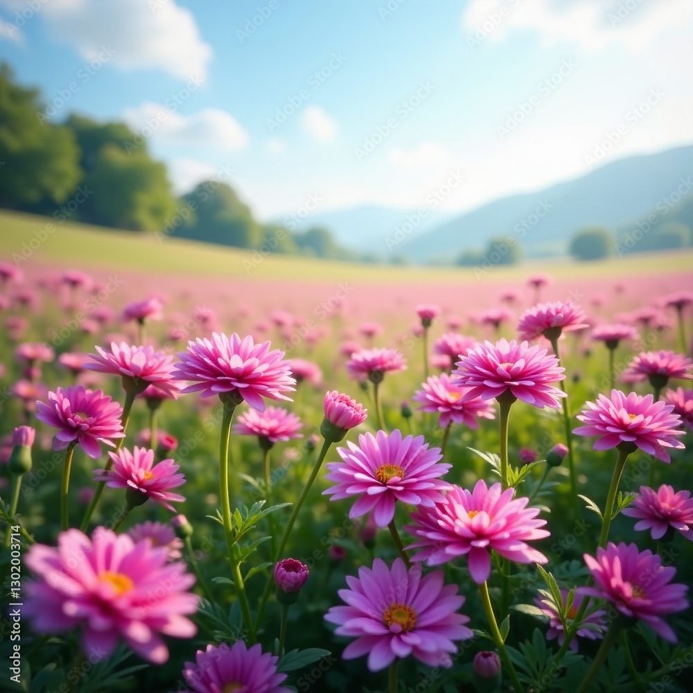 Scenic view of a field of chrysanthemum purple flowers swaying in the breeze, relaxation, countryside, rural Scenic view of a field of chrysanthemum purple flowers swaying in the breeze, relaxation, countryside, rural