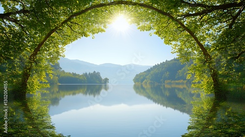Serene Lake View Framed by Lush Green Trees Under Bright Sunlight