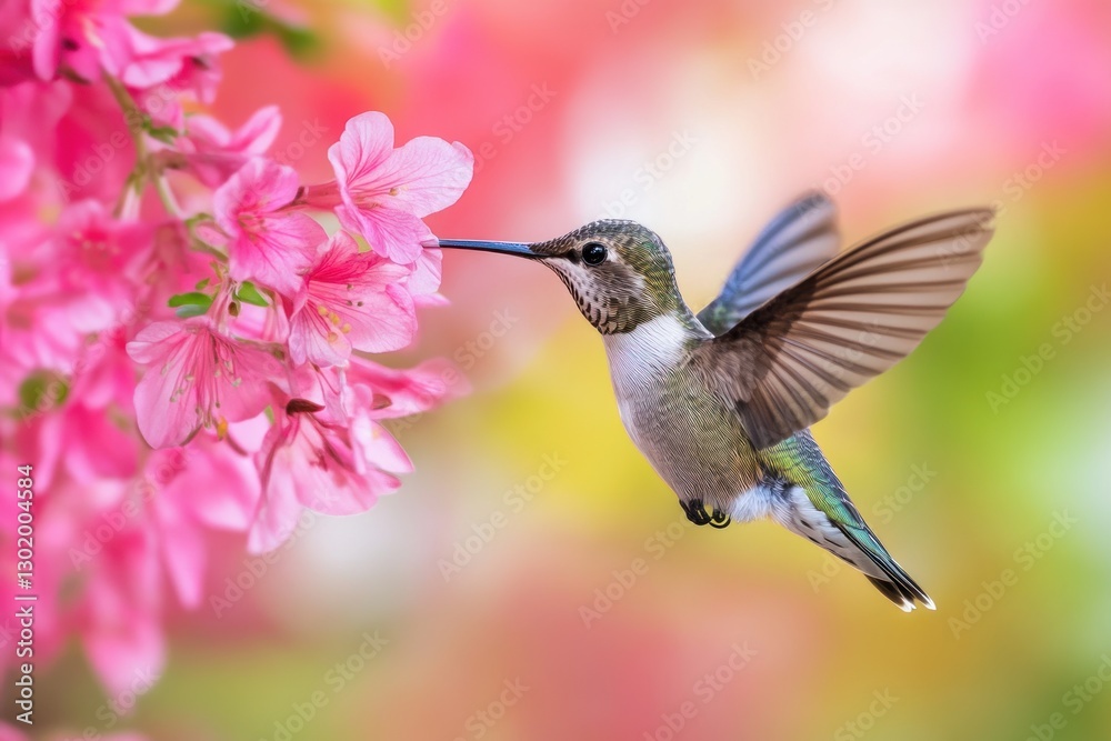 Naklejka premium Hummingbird feeding on pink flowers in flight. (6)