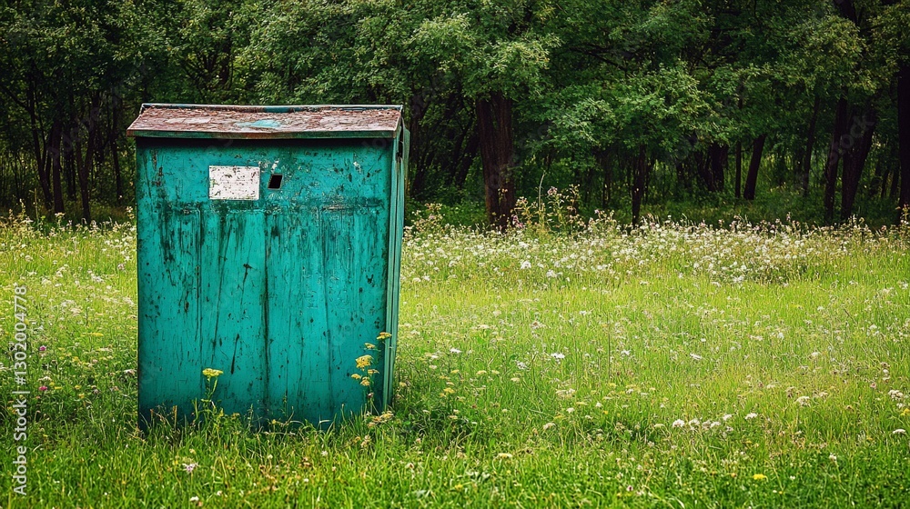 Rustic green metal box in a flowery meadow Rustic green metal box in a flowery meadow