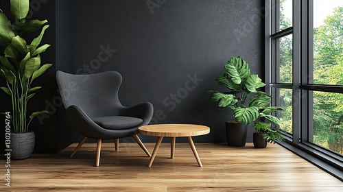 Modern dark room corner with armchair, side table, plants, and window view photo