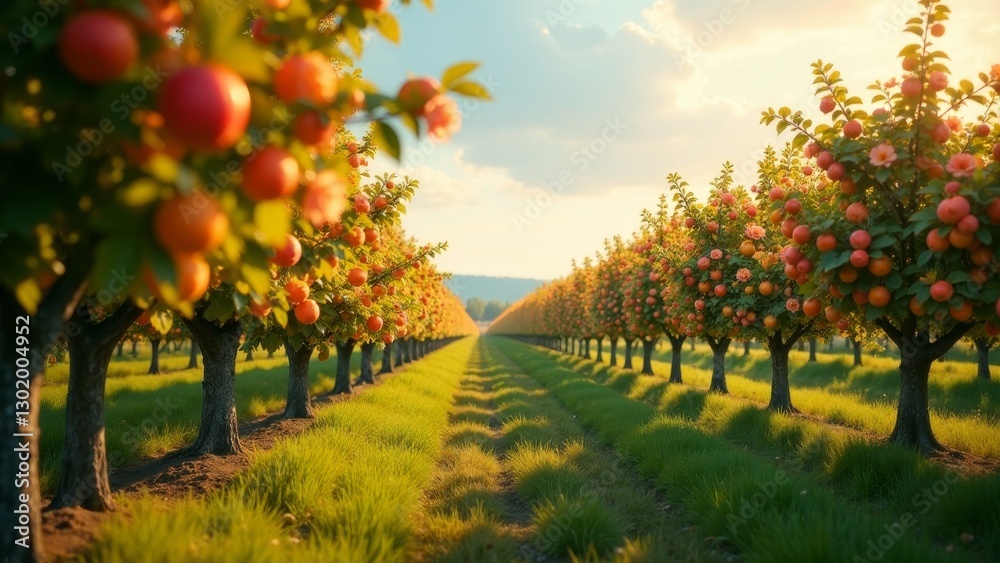 Fototapeta premium Golden Hour in an Orchard Rows of fruit trees laden with ripe apples, bathed in the warm glow of the setting sun, create a picturesque landscape of abundant harvest.