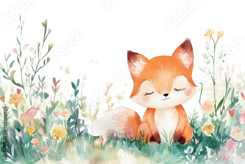 Adorable Fox Amidst Watercolor Wildflowers