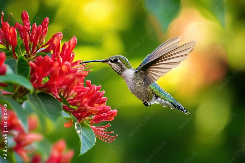 Naklejka premium Hummingbird feeding on red flowers. (1)