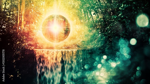 Bright Sphere Over Cascading Water Abstract Background