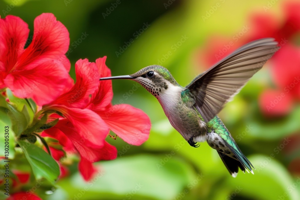 Naklejka premium Hummingbird feeding on red flowers.