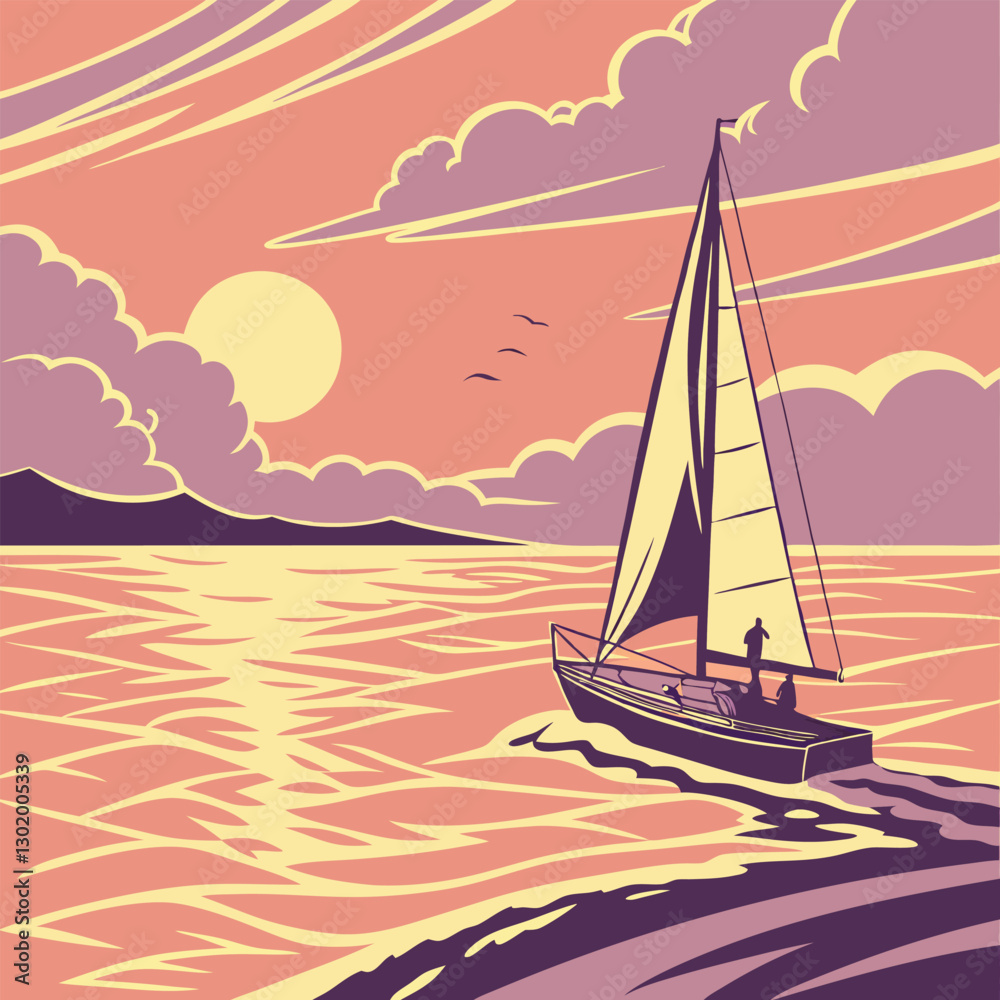 Naklejka premium A sailboat glides across a serene sunset sea.