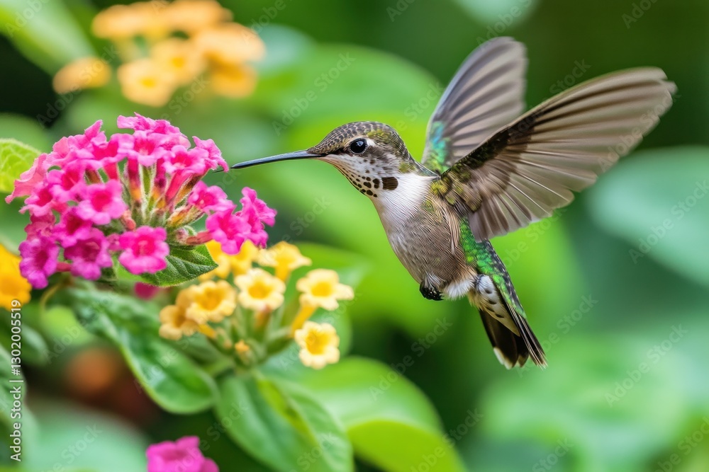 Fototapeta premium Hummingbird feeding on vibrant flowers.