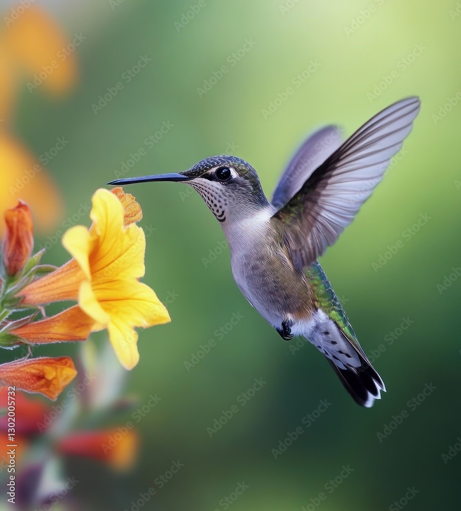 Fototapeta premium Hummingbird feeding on yellow flower.