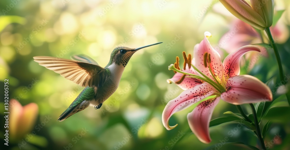Fototapeta premium Hummingbird hovering near a pink lily in a sunlit garden.