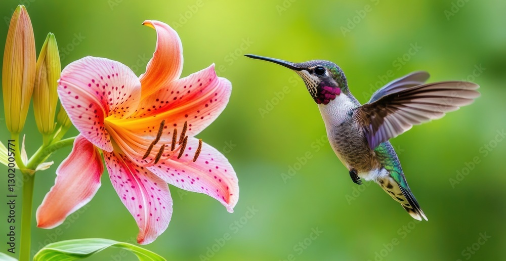 Naklejka premium Hummingbird hovering near a pink lily flower.