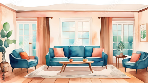 Watercolor Living Room Interior with Teal Sofa and Natural Light
