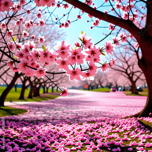 Flores de cerezo y camino de flores de cerezo.