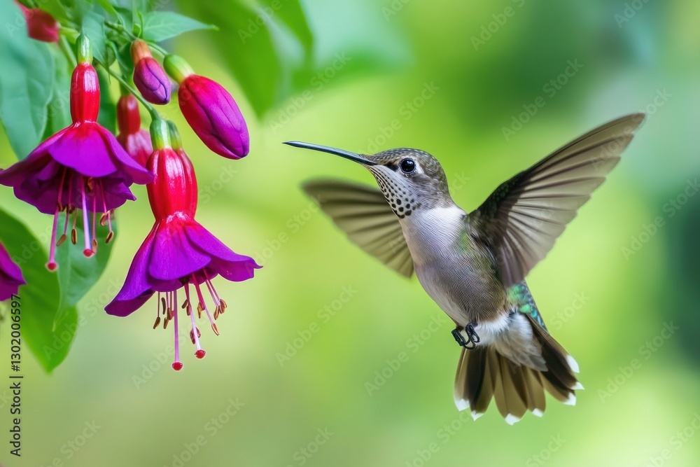 Fototapeta premium Hummingbird hovering near fuchsia flowers.