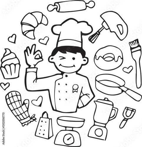 cute chef and set of cooking element hand drawn sketch doodle art