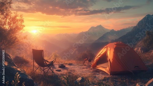 A dreamlike camping setup with a tent and foldable chair facing breathtaking mountain scenery at sunset. photo