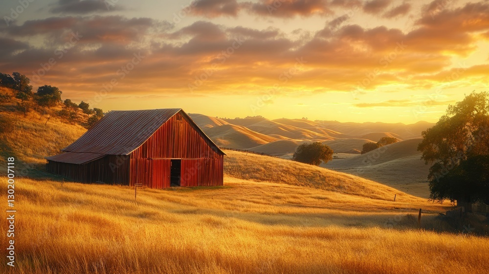 A dreamy rural setting with a red wooden barn and soft golden hills under a warm sunset glow. A dreamy rural setting with a red wooden barn and soft golden hills under a warm sunset glow.